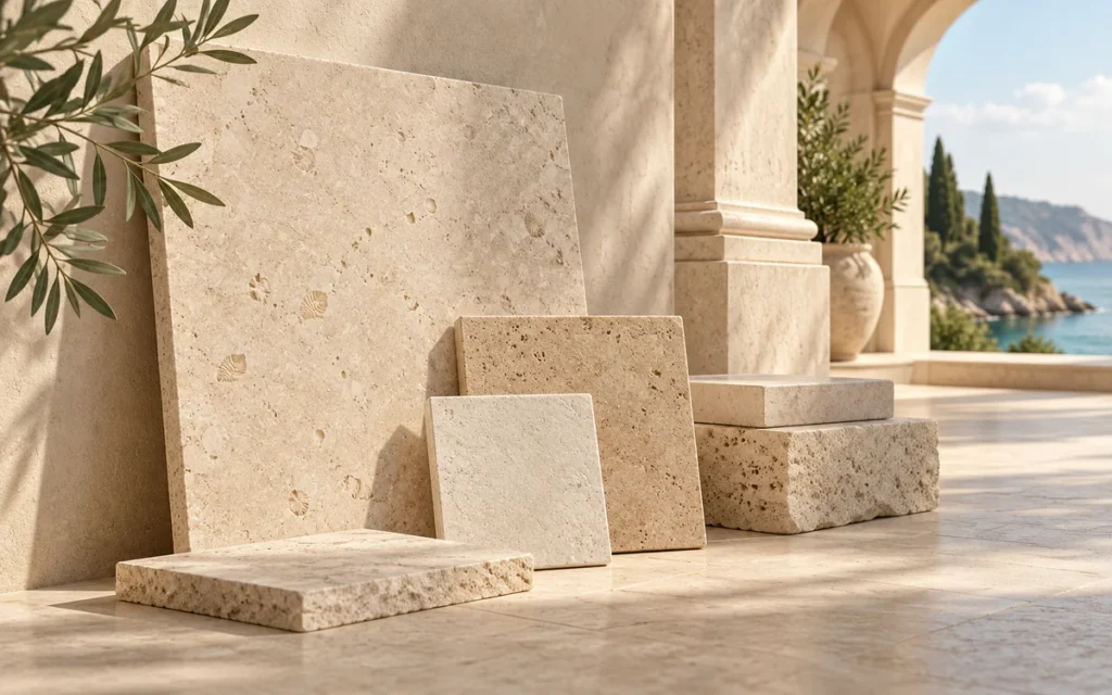 AI-generated illustration of beige limestone sample tiles and a slab