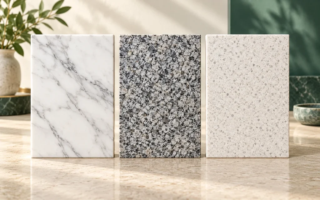 AI-generated comparison illustration of marble, granite and quartz sample appearances