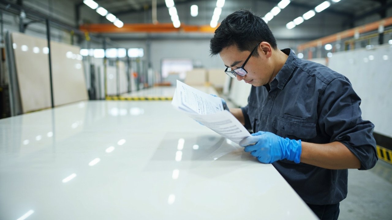 Factory worker inspecting quartz slab quality report