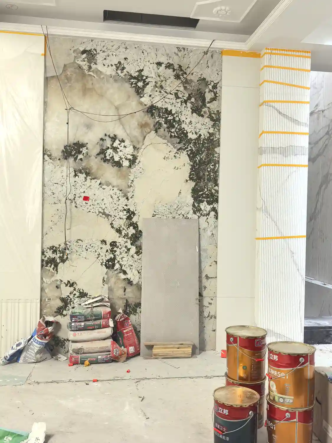 Panda White marble slab installed as luxury wall cladding