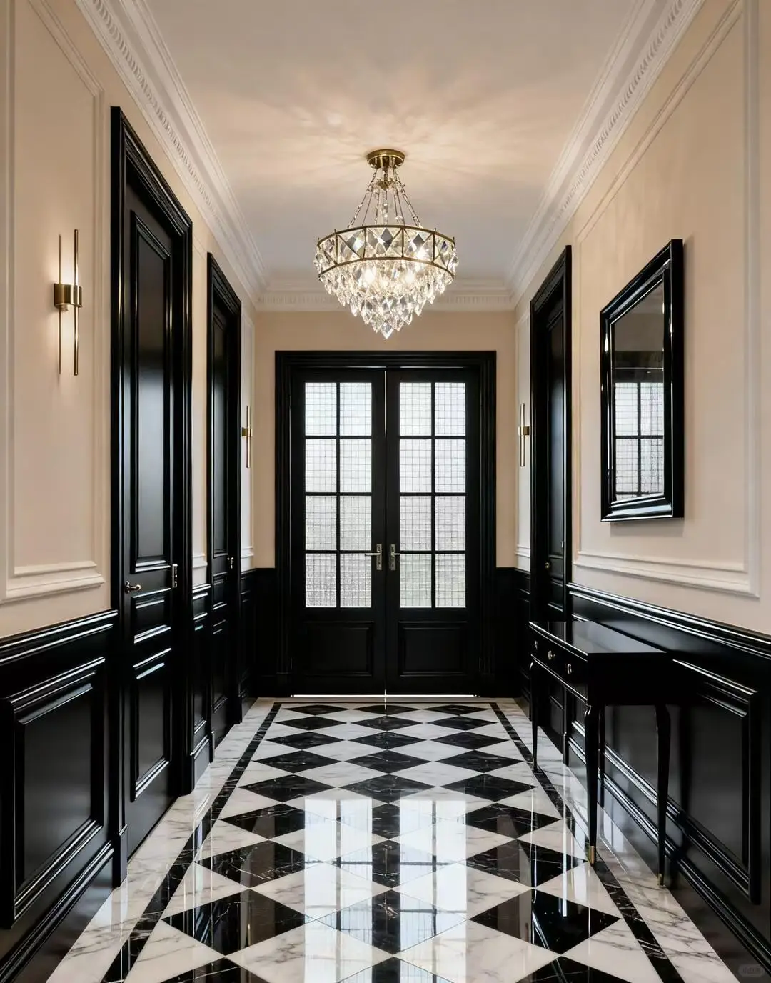 Formal neoclassical French-Regency entrance vestibule and corridor with dramatic black-and-white marble checkerboard floor laid in diagonal diamond harlequin pattern combining Carrara or Statuario white marble with subtle gray veining and Nero Marquina black marble with delicate white veining, large-format square tiles rotated forty-five degrees to form diamonds meeting point-to-point, mirror-polished high-gloss finish vividly reflecting crystal chandelier, high-gloss black-lacquered raised wainscoting panels on lower walls, cream-ivory painted upper walls with multi-tier decorative crown molding, French frosted-glass double doors at corridor end, grand tiered Empire-style crystal chandelier with brass-gold frame and cascading pendants, slim brass wall sconces, black console table and framed mirror