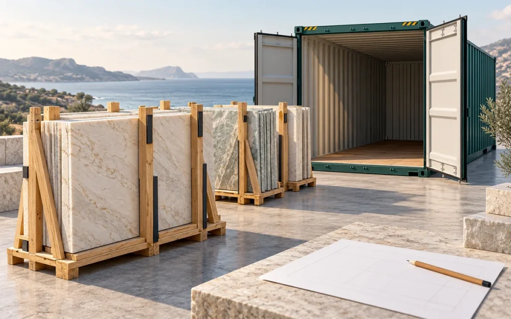 AI-generated illustration of stone slab bundles beside an open shipping container