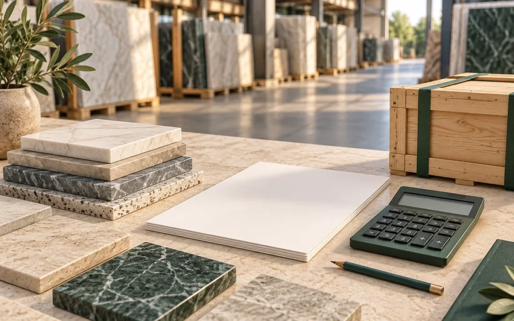 AI-generated illustration of stone samples, quotation papers and a calculator