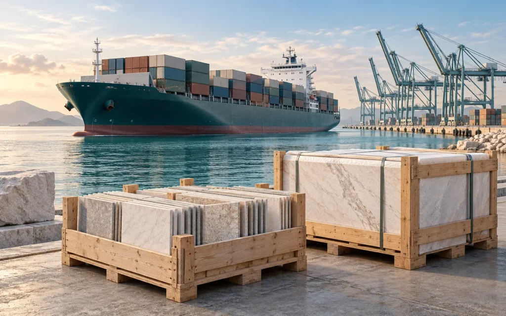 AI-generated illustration of crated stone and a cargo vessel at a port